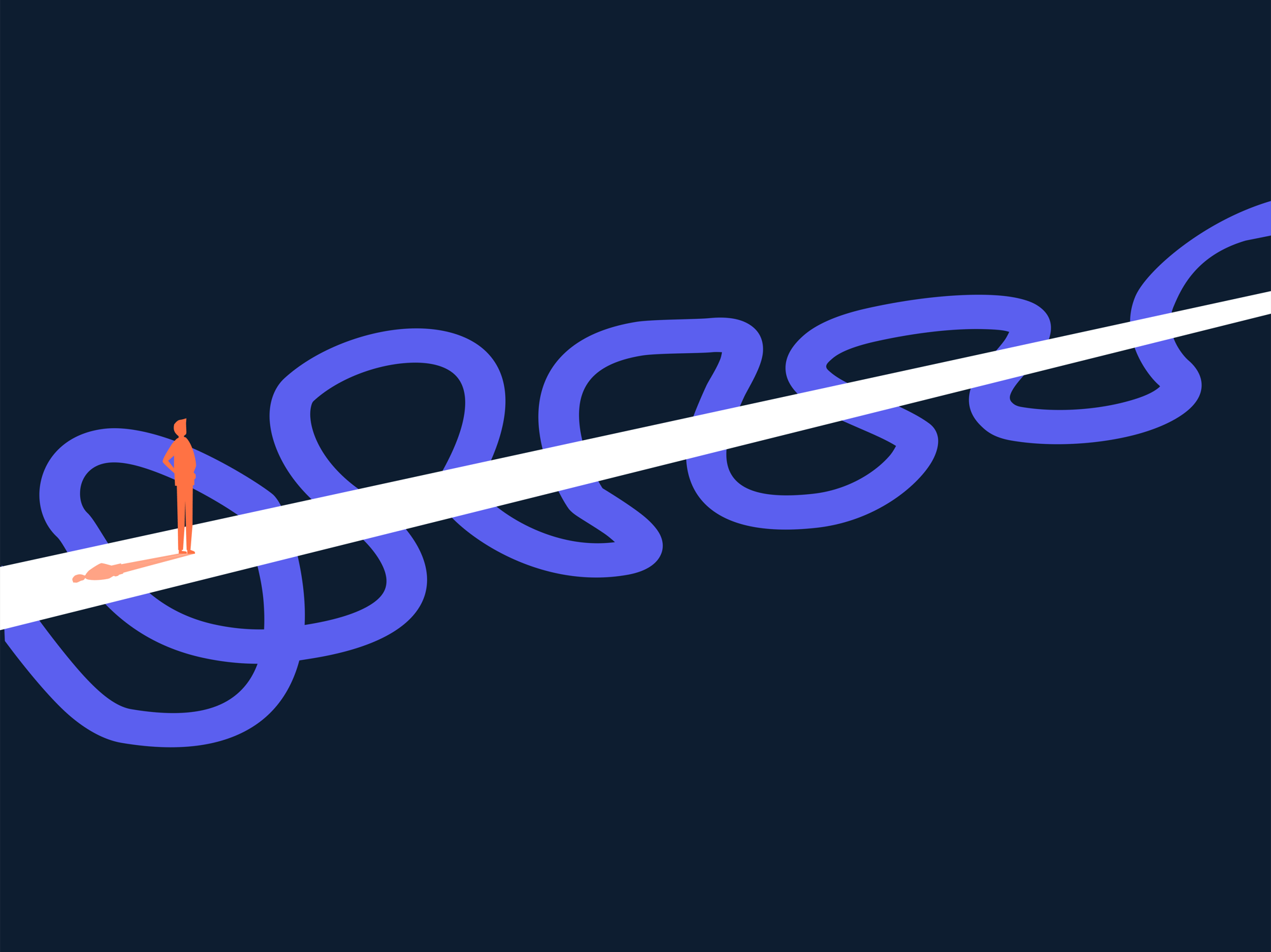 Man Standing on Straight Line with Wavy Path Underneath Dark Blue Background iStock-2175408824