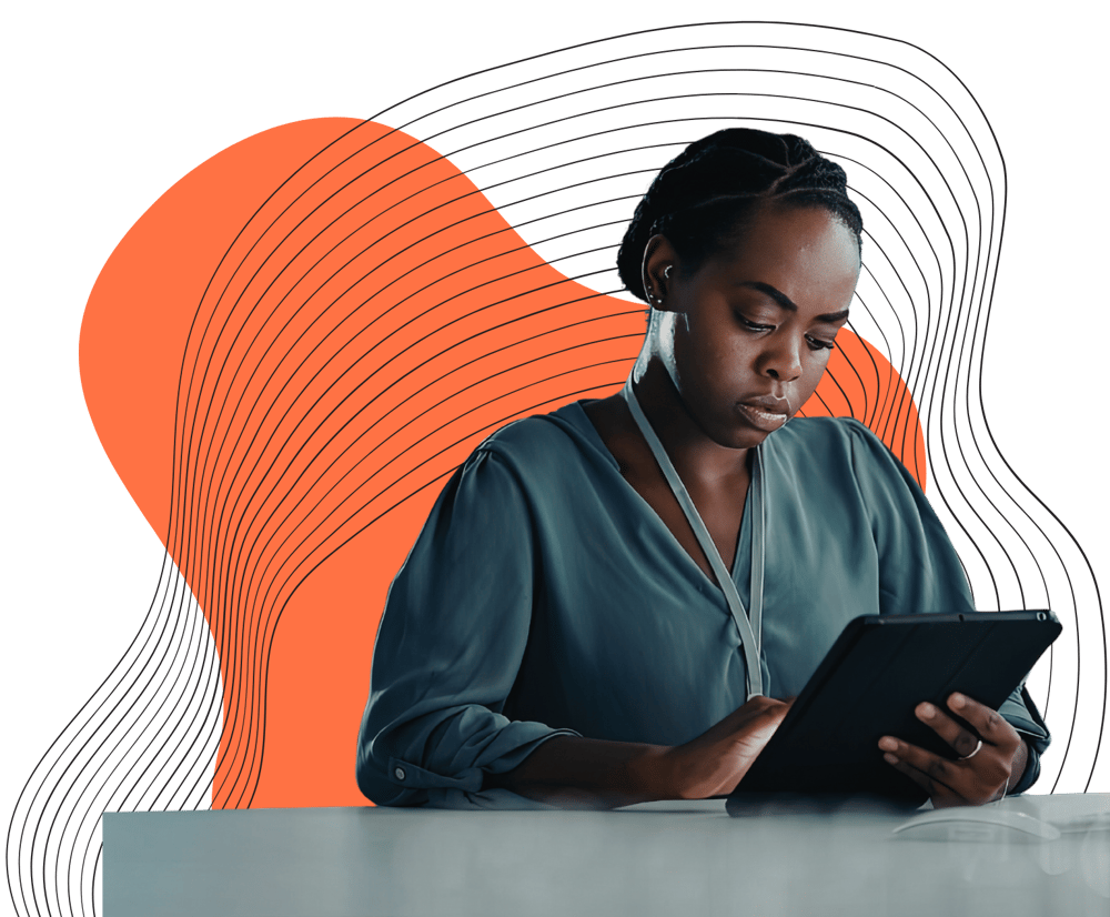 Woman looking at an iPad_Data Assistant and Chatbot webpage